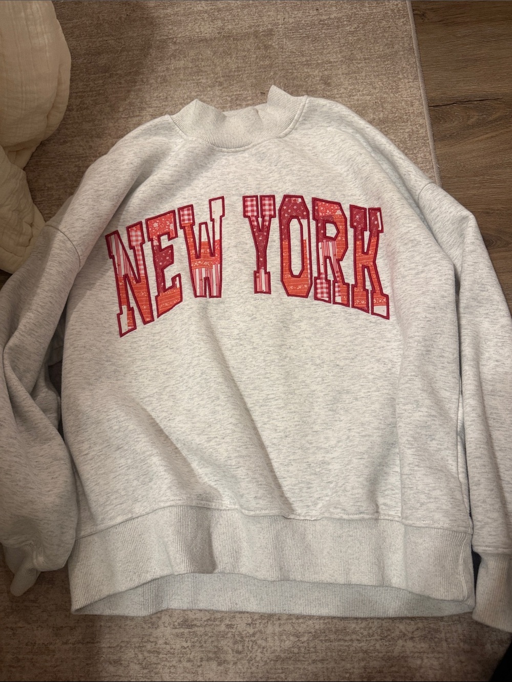 Altar'd State Light Gray Crewneck Sweater with Red 'New York' Graphic